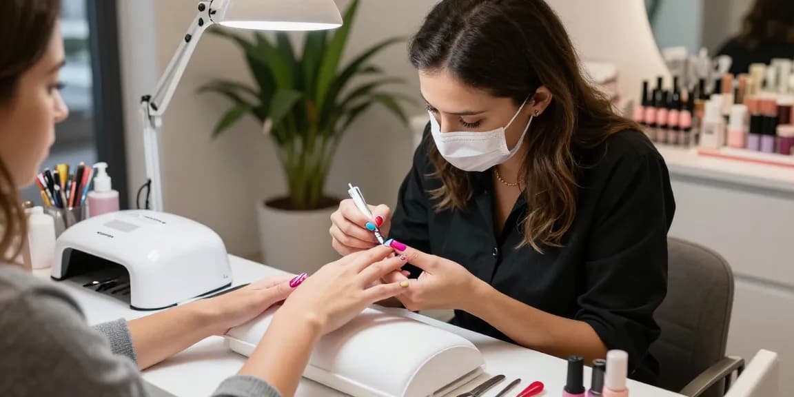 Tehnician de unghii profesionist aplicând gel constructie unghii într-un salon modern, prezentând culori vibrante de gel.