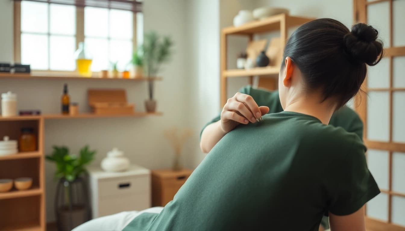 TCM therapy session with acupuncture, demonstrating relaxation and healing in a peaceful setting.