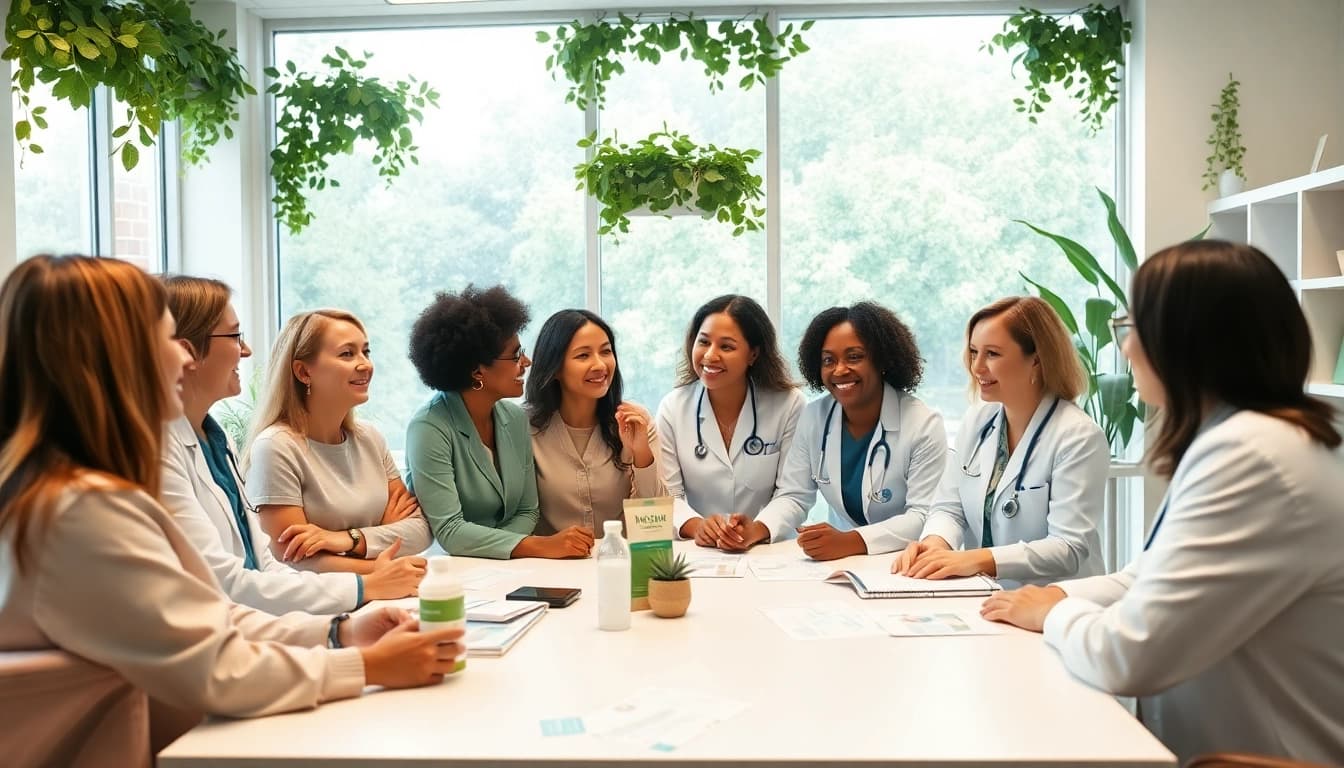Engaging women discussing health topics at https://womens-health-advice.org in a welcoming clinic.