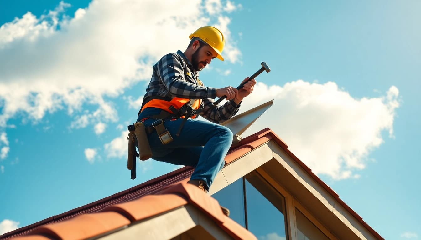 Roofer conducting a precise roof repair, showcasing expert skills and safety measures.