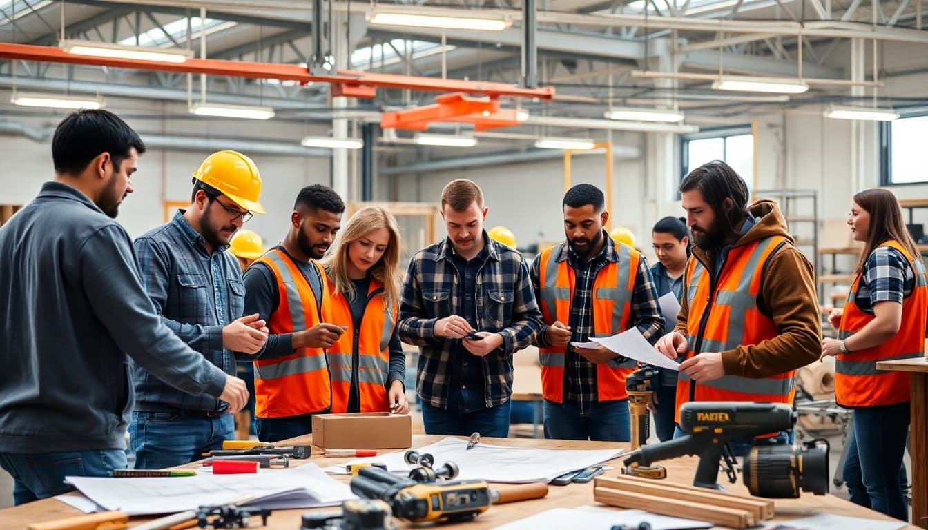 Engaging construction craft training demonstrating techniques in a modern workshop.