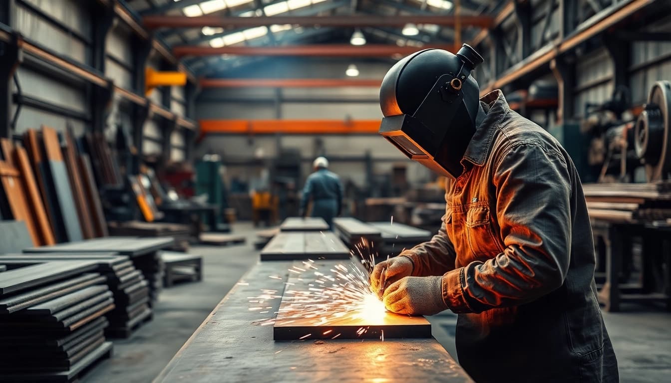 Working artisans in a steel fabrication shop showcasing craftsmanship and industrial activity.