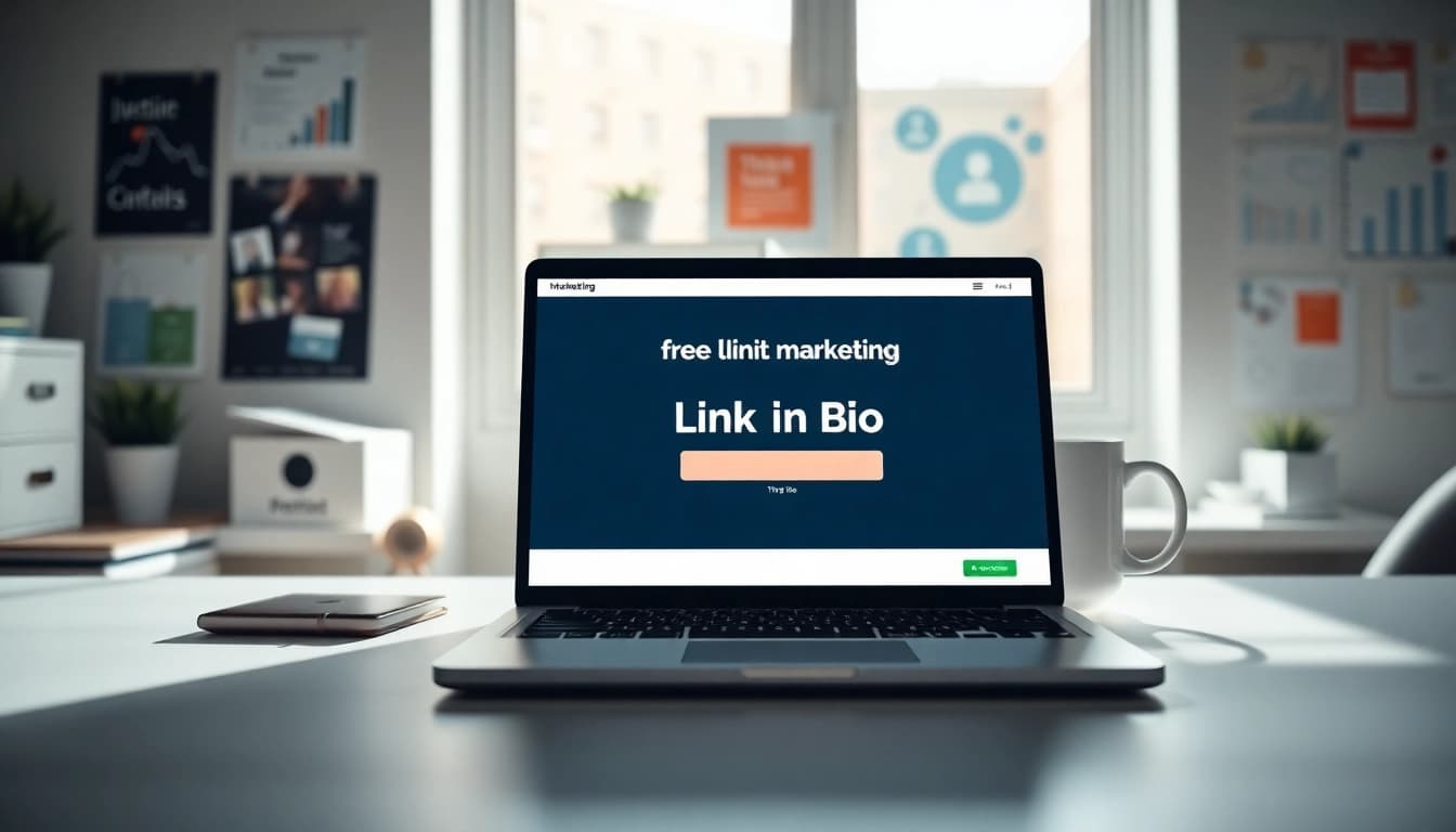 Showcase a user interacting with a Free link in bio tool on a sleek laptop, emphasizing digital marketing.