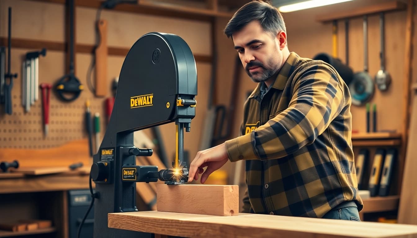 The DeWalt band saw expertly cutting through wood, showcasing precision and craftsmanship.