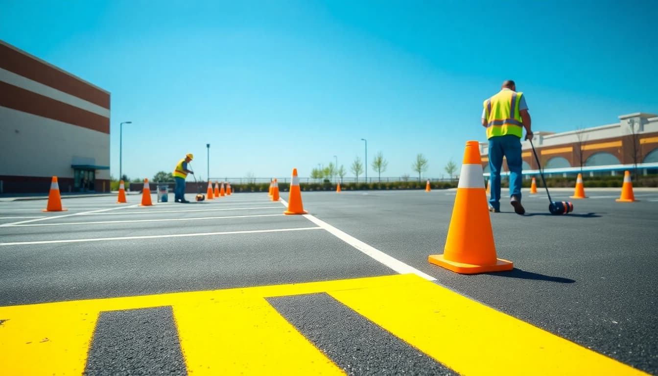 Jackson parking lot striping showcasing freshly painted lines in a professional setting.