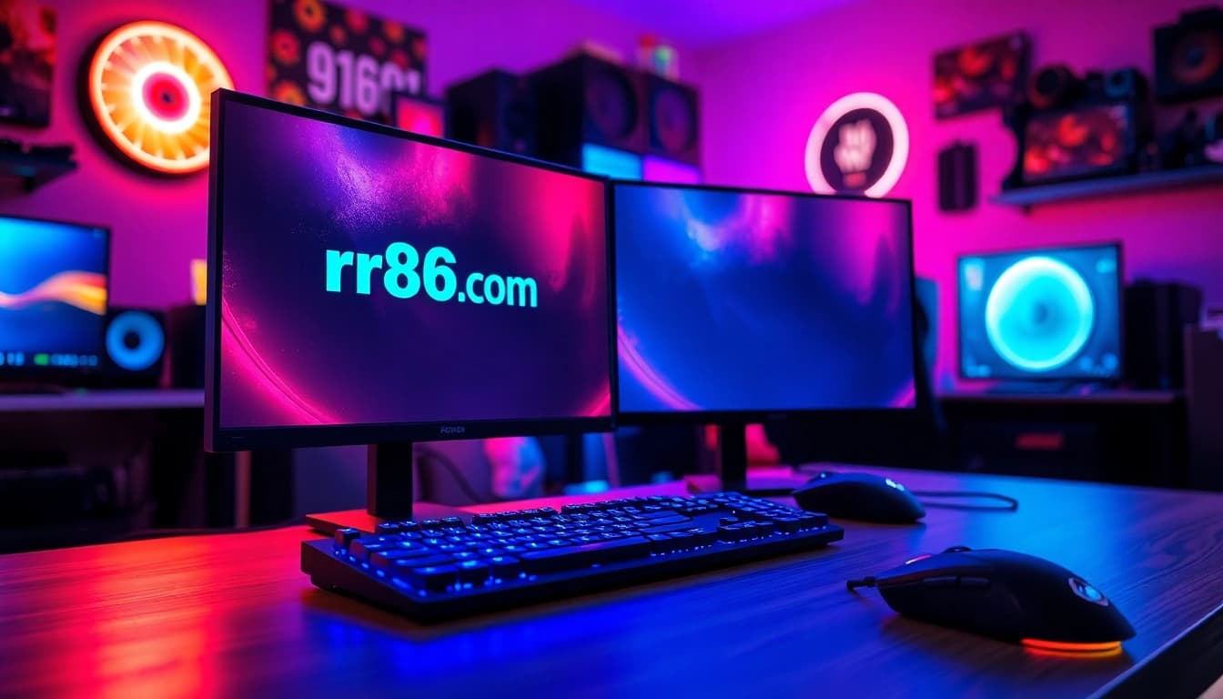 Engaging gaming setup illustrating rr88.com with vibrant RGB lights and professional gadgets.