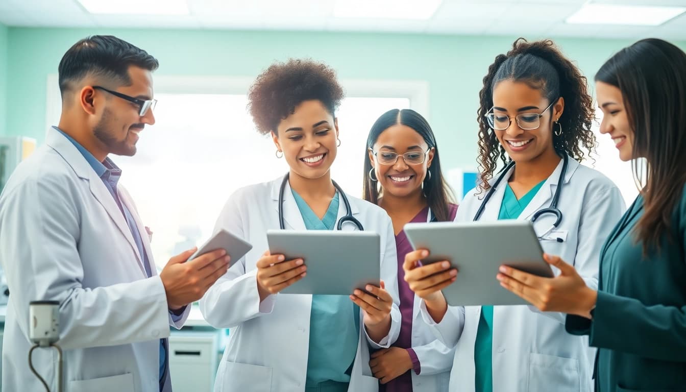 Engaging healthcare professionals at https://www.medexdtc.com analyzing patient files in a modern clinic.