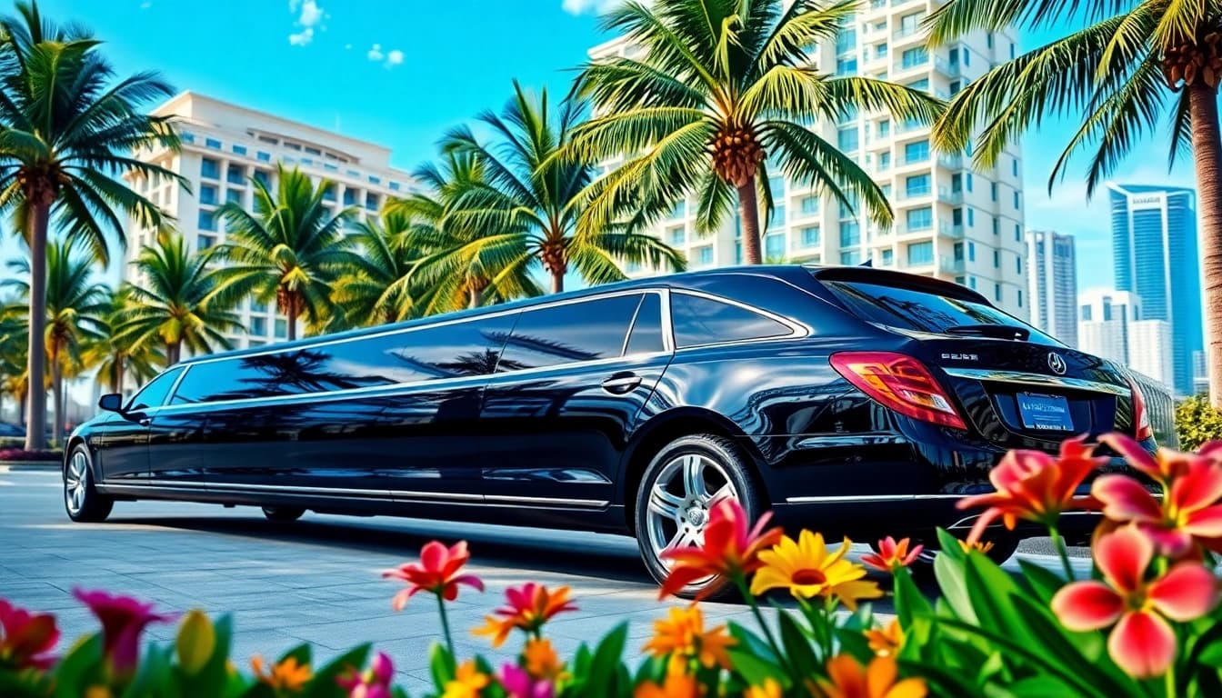 Luxury limousine Miami showcasing elegance and style in a vibrant city setting.