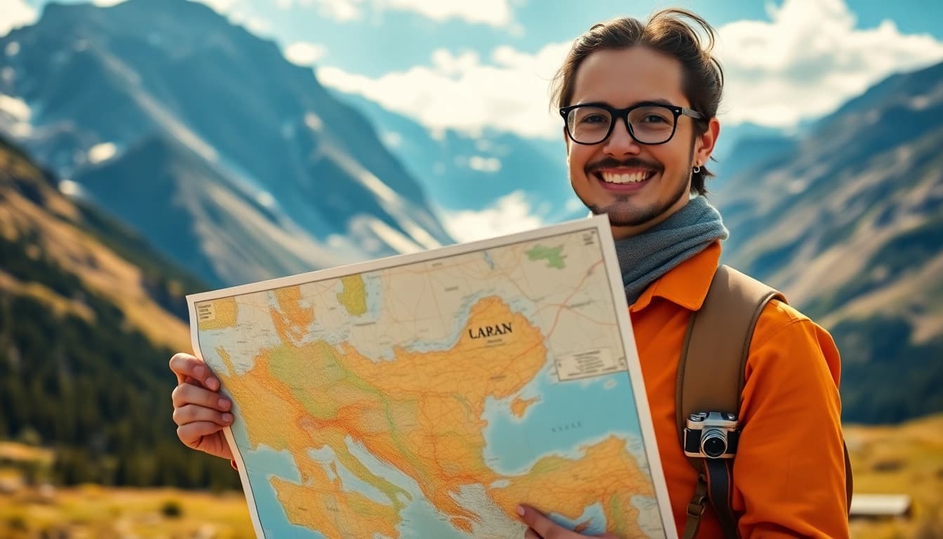 Przewodnik podróży na tropemprzygod.pl trzyma mapę w malowniczym krajobrazie górskim.