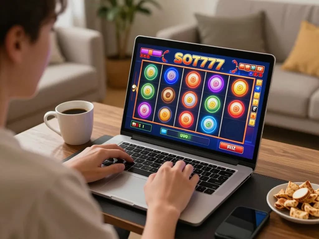 Player enjoying slot777 online, vibrant slot interface and cozy home setting.