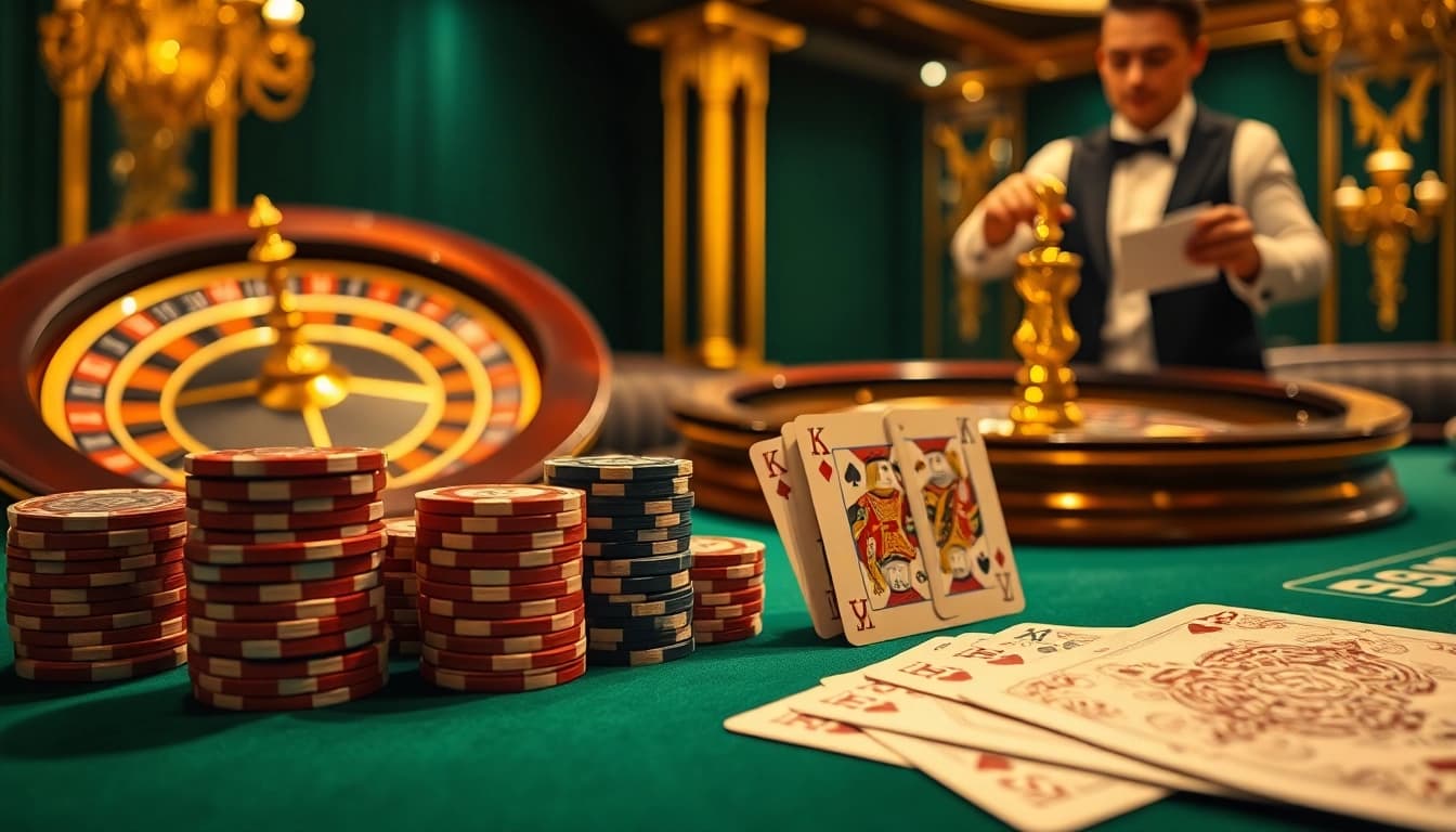 Experience the excitement of gambling at https://socolive2.cv/ with a luxurious poker table and roulette wheel.