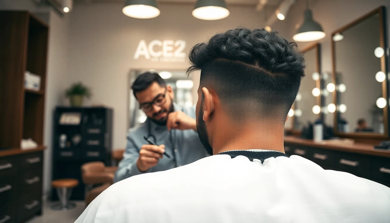 Ace of Fades 212 barber styling hair for clients in a professional studio.