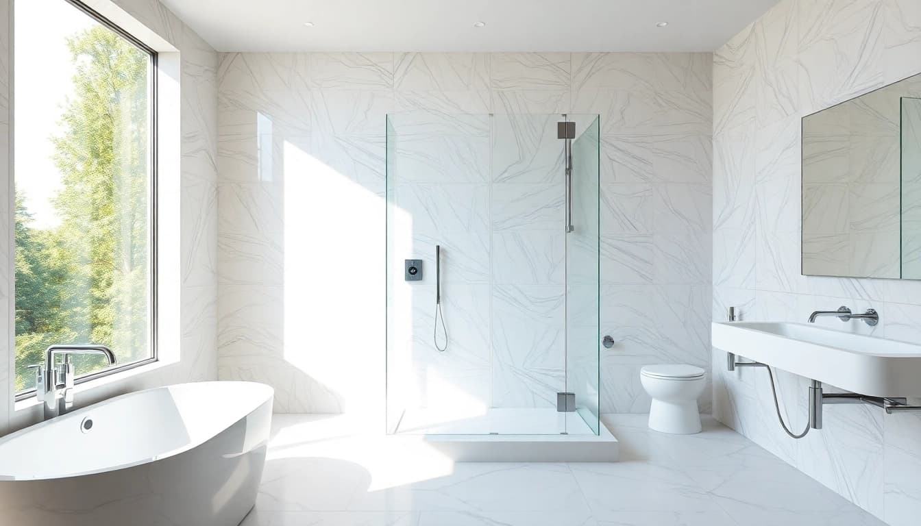 Experience elegant showers Australia in a luxurious bathroom setting with natural light and refined design.