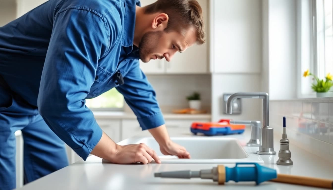 Plumber performing repairs on plumbing knightdale, showcasing expertise and professionalism in a residential kitchen.