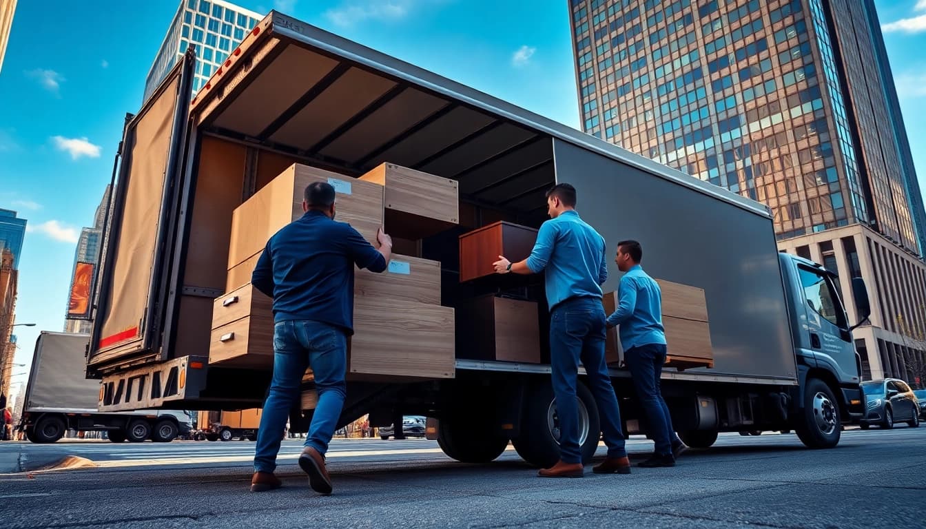 Commercial Movers loading office furniture into a truck in a bustling urban environment.