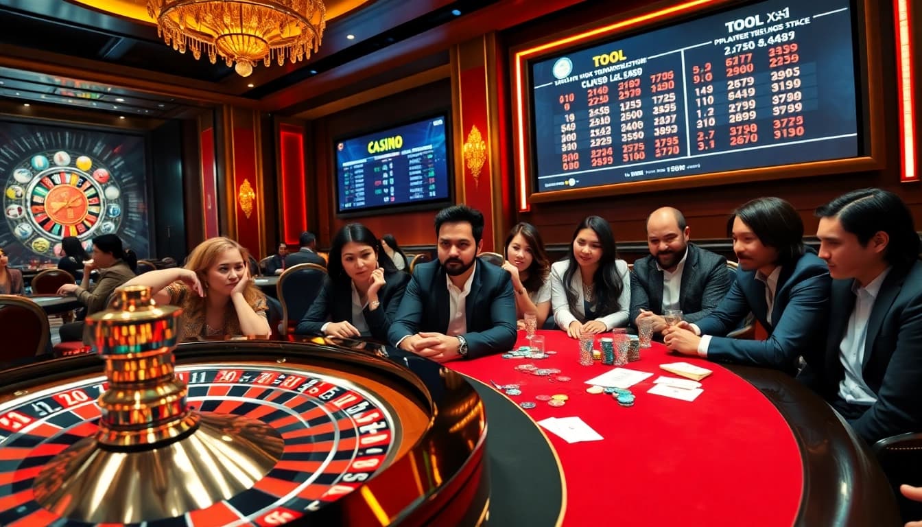 Experience the thrill of Tool xổ số siêu tốc in a luxurious casino atmosphere with engaging players and roulette.