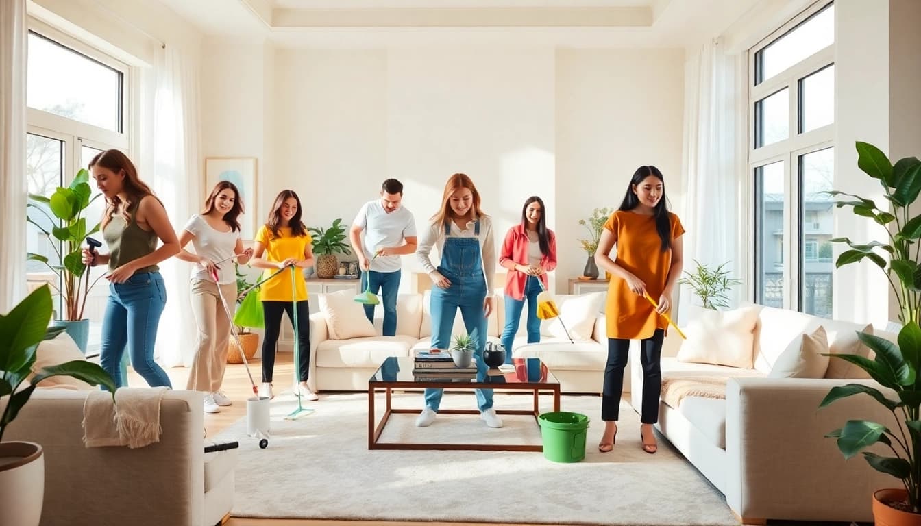 Efficient cleaning service team revitalizing a modern living room, showcasing care and professionalism.