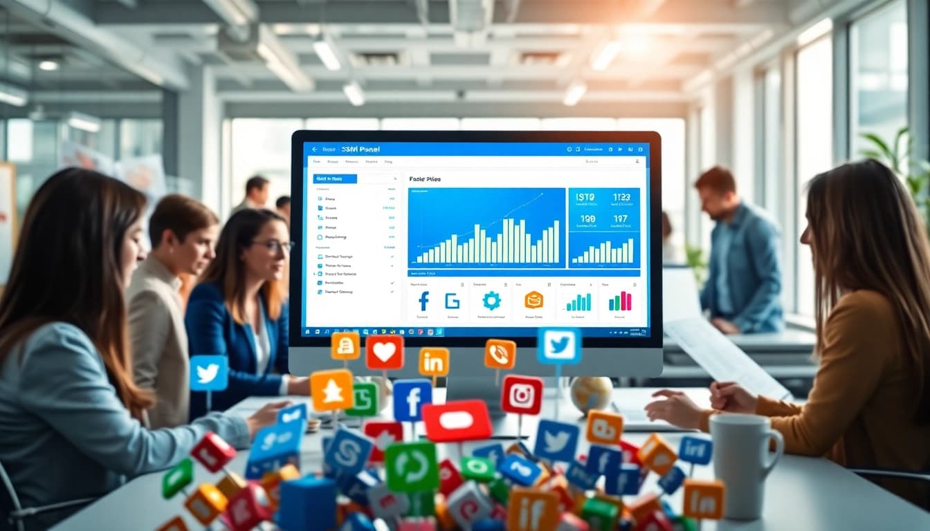 Engaging smm panel interface displayed on a computer screen in a collaborative workspace.