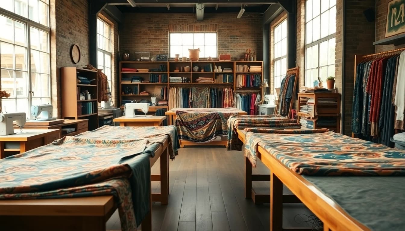 Stoffen voor kleding maken op een stijlvolle werktafel in een modern atelier.