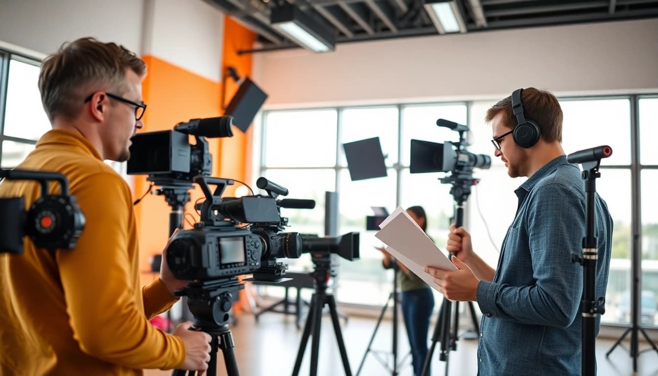 A talented team engaged in video production Edmonton, showcasing creativity and professionalism in a modern studio.