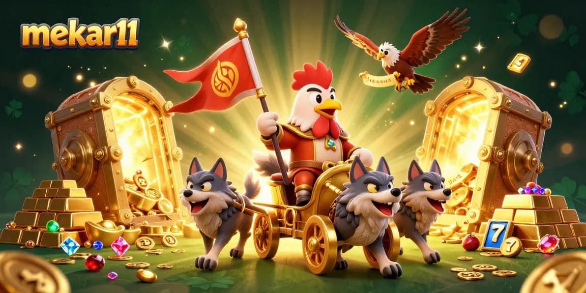 Mekar11 unleashes fortune with a rooster warlord and golden treasures in a vibrant casino scene.