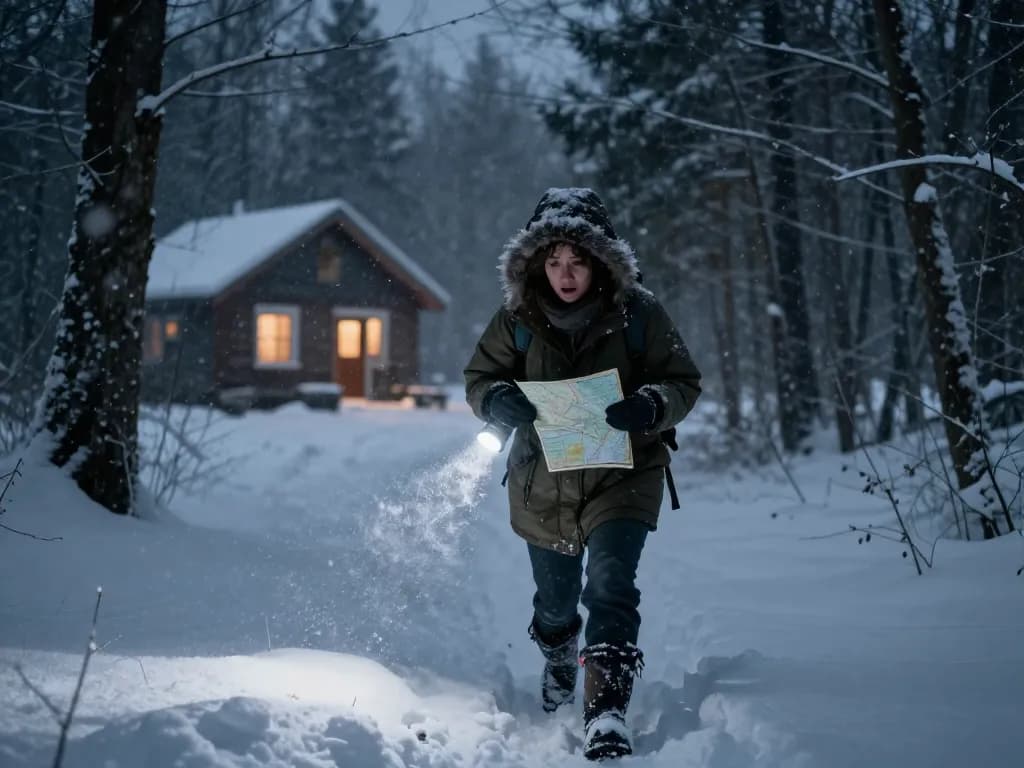 A lone woman battling a snowstorm in Dead of Winter, searching for shelter in a snowy Minnesota forest while clutching a flashlight and map.