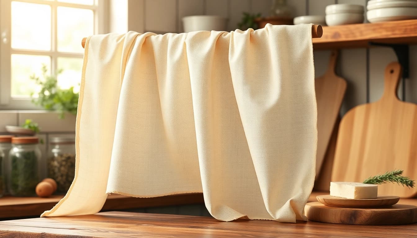 Kaasdoek in een rustieke keuken, uitgevouwen om de textuur te tonen.