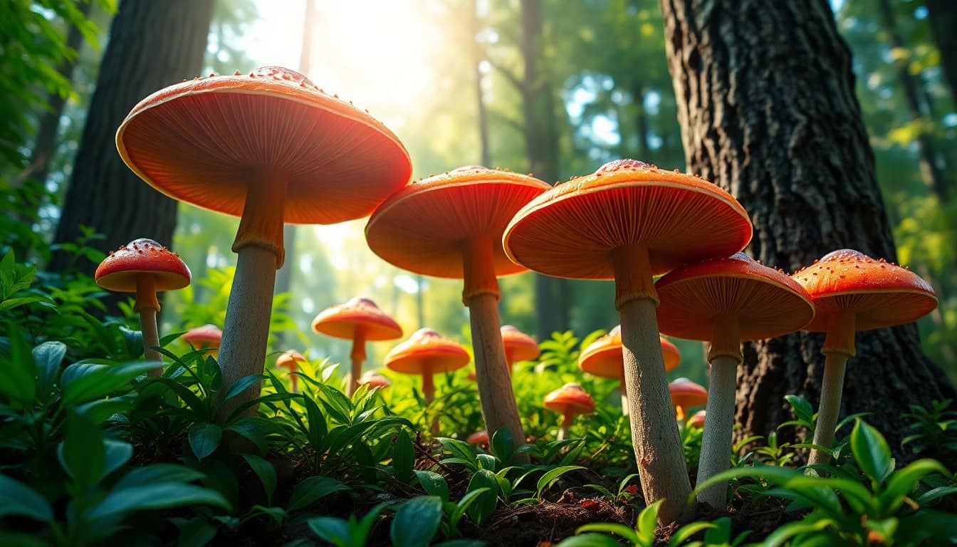 Psychedelicschemstore vibrant display of colorful psychedelic mushrooms in a serene forest.