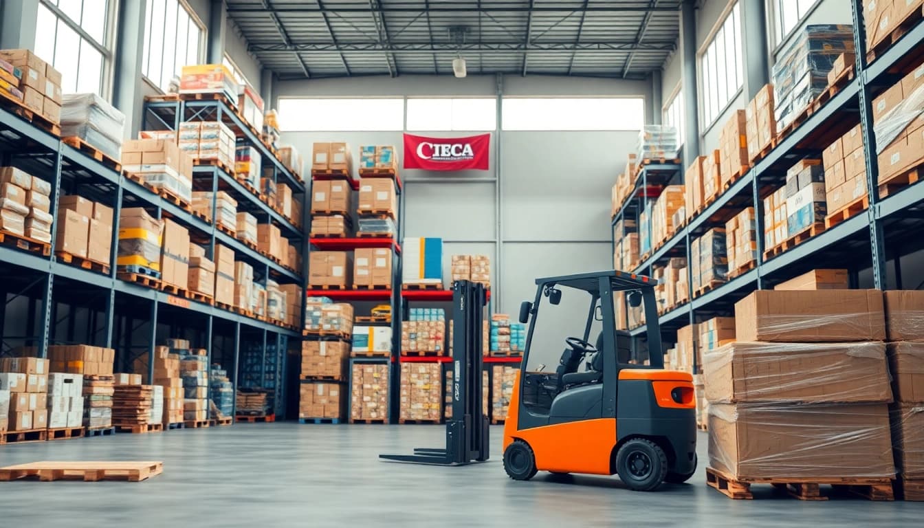 Efficient warehousing setup showcasing organized pallets and modern equipment.