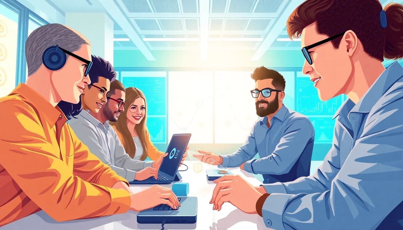 Dynamic cloud mining scene with diverse individuals using advanced technology in a modern office setup.