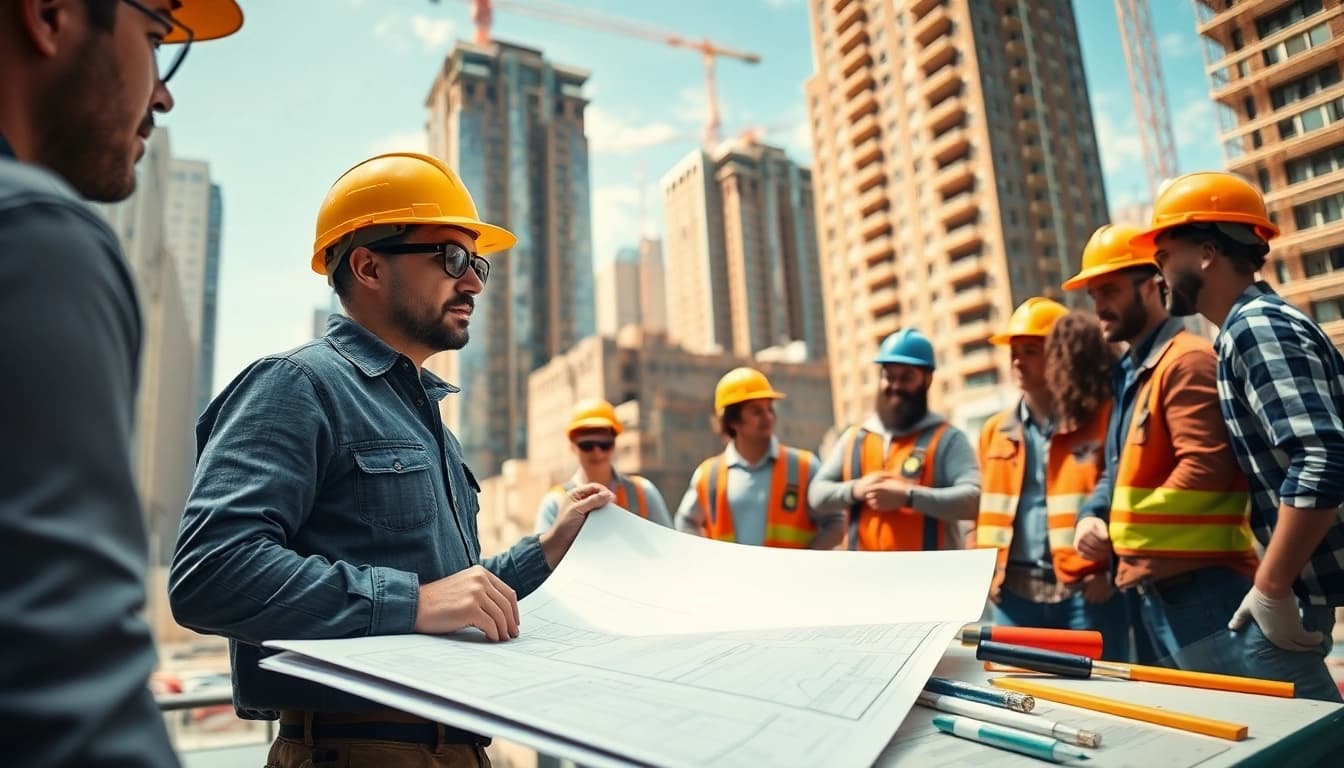 Engaged New York General Contractor coordinating a construction team on-site.