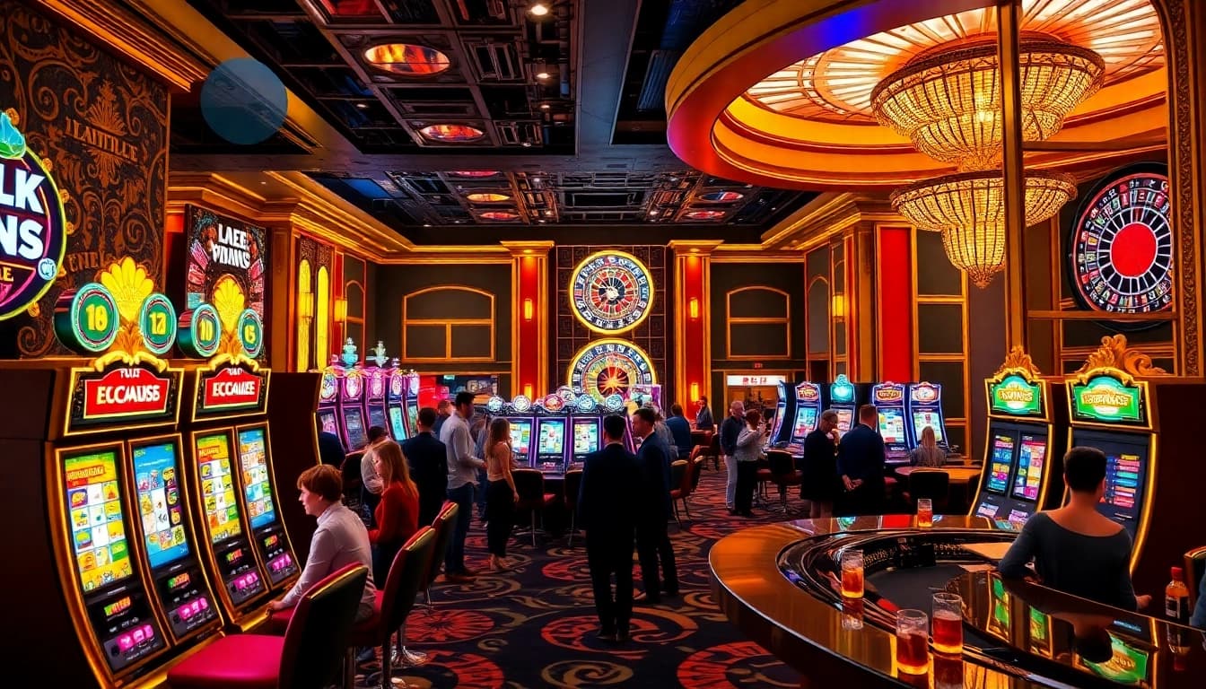 Rasakan sensasi Slot Deposit 1000 di tengah suasana kasino yang hidup penuh warna, dipenuhi kegembiraan dan mesin slot yang cerah.