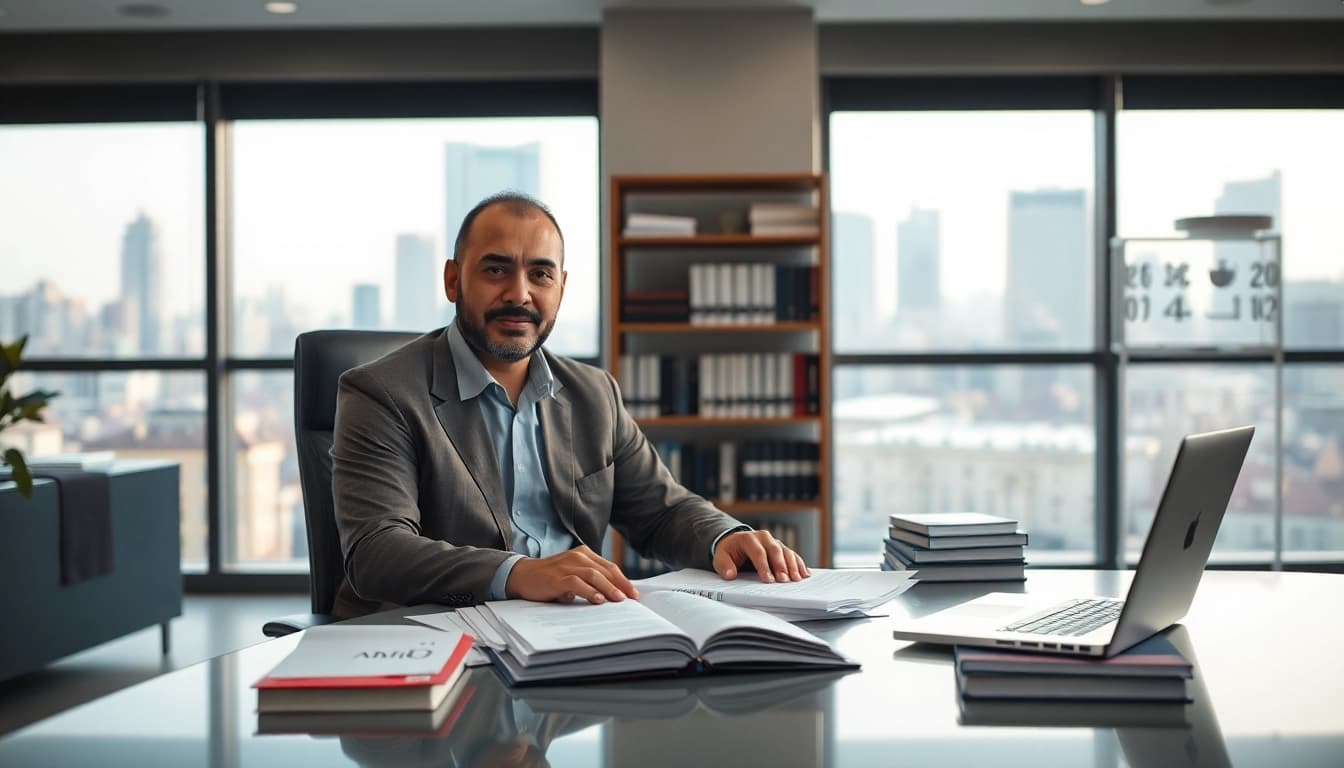 Traducteur assermenté arabe dans un cadre de bureau professionnel avec des documents et des livres