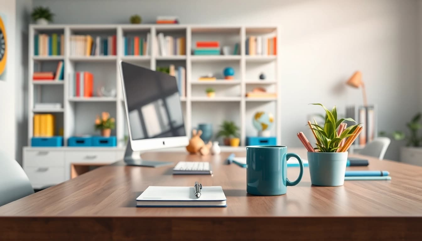 Bekijk de professionele werkruimte op https://www.stofnodig.nl met een moderne bureaustoel en kleurrijke kantooraccessoires.