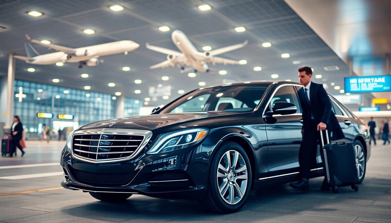 LGA car service offering luxury transportation with a chauffeur ready by a black sedan.