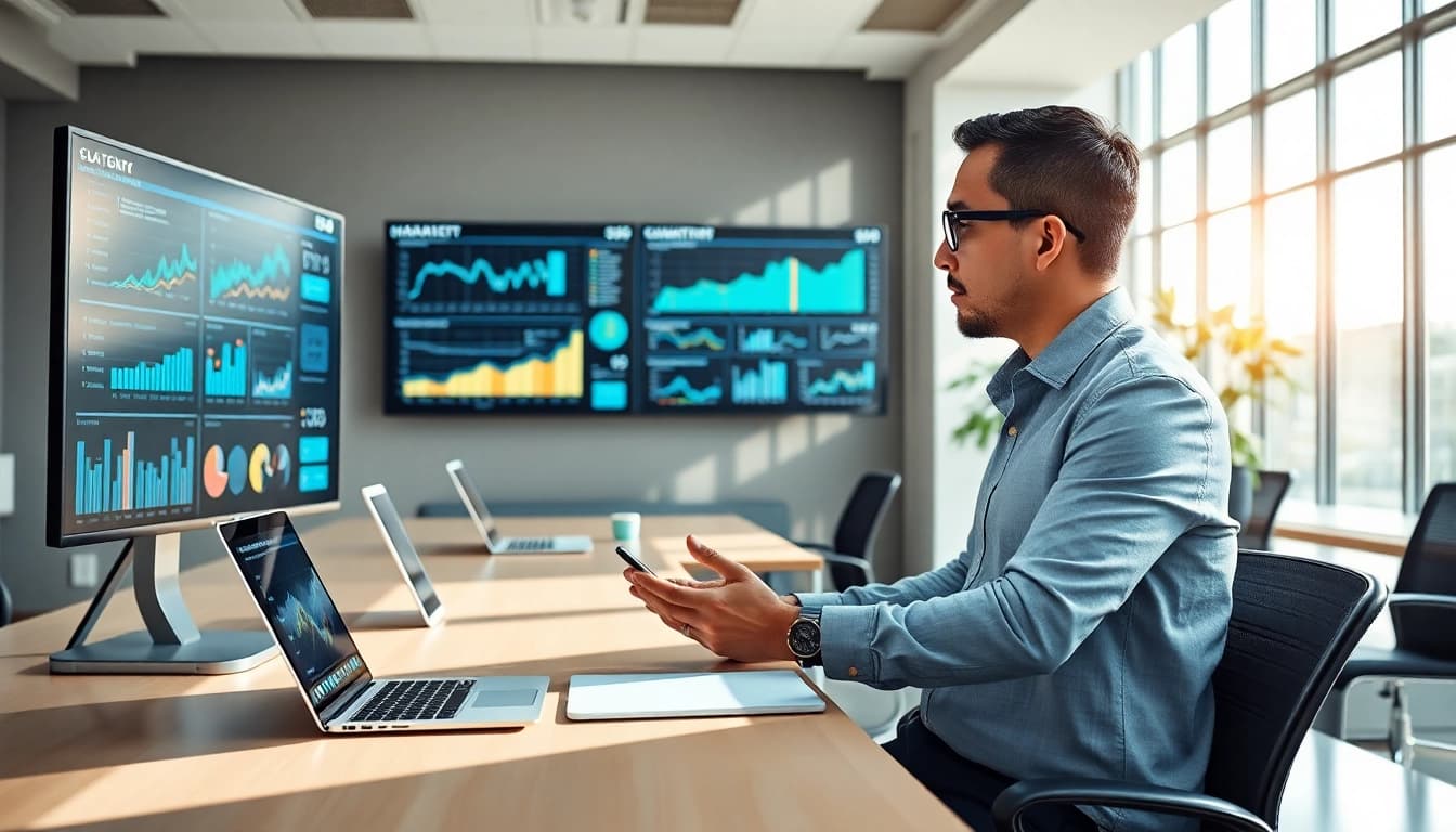 AI for competitive intelligence analyst analyzing real-time data in a modern office.