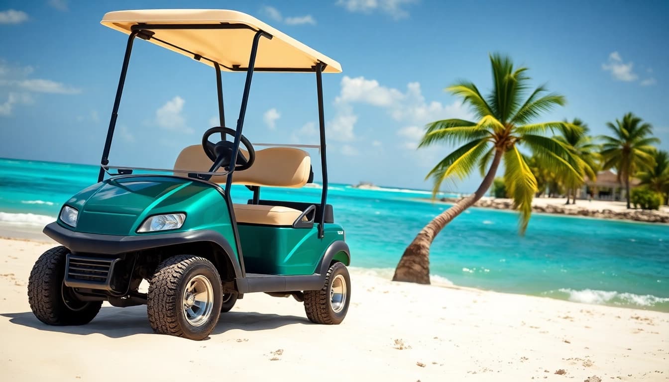 Experience San Pedro Belize Golf Cart Rental in a stunning beach setting with palm trees.
