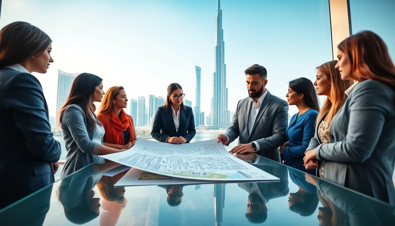 Engaging scene depicting diverse investors researching opportunities to Invest in Dubai Real Estate in a modern setting.