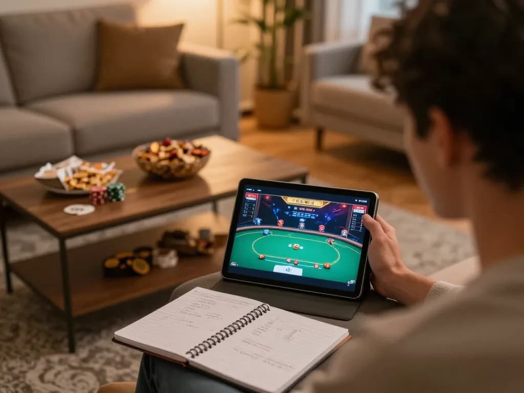 Player engaged in online poker at https://www.mnm88.com/, displaying strategic gameplay in a cozy room environment.