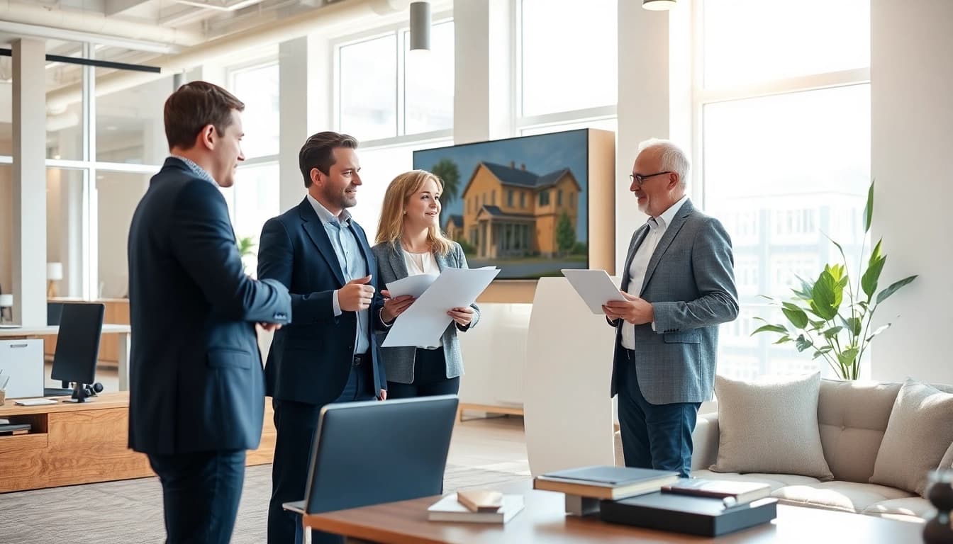 Real Estate agent collaborates with clients in a modern office, showcasing listings.