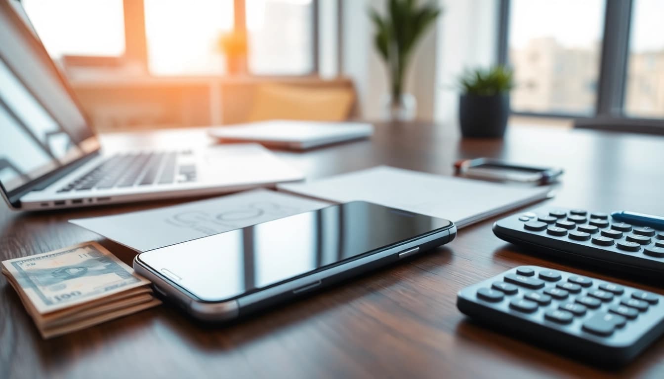 Cash for phone service showcasing a sleek smartphone among money notes and a calculator.