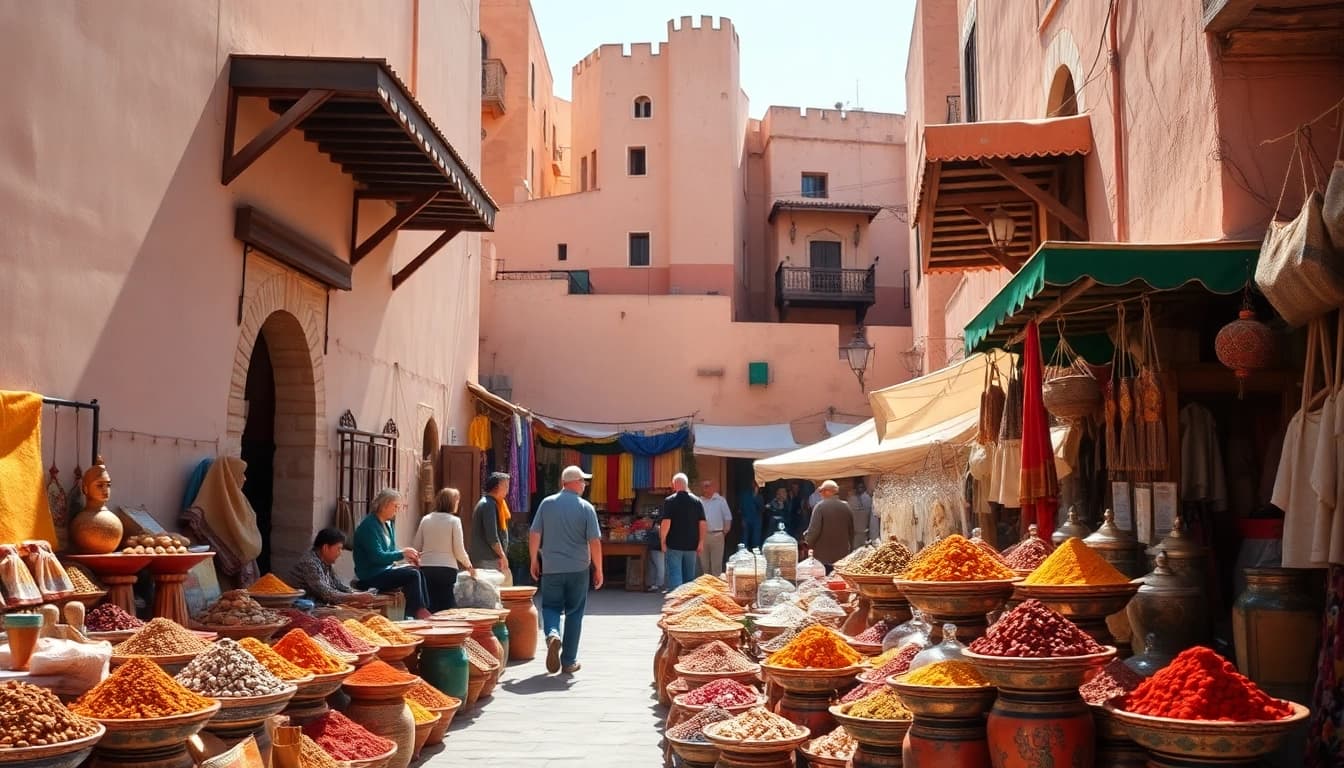 Experience authentic tours at onelifetrips featuring a bustling Moroccan market with vibrant colors.