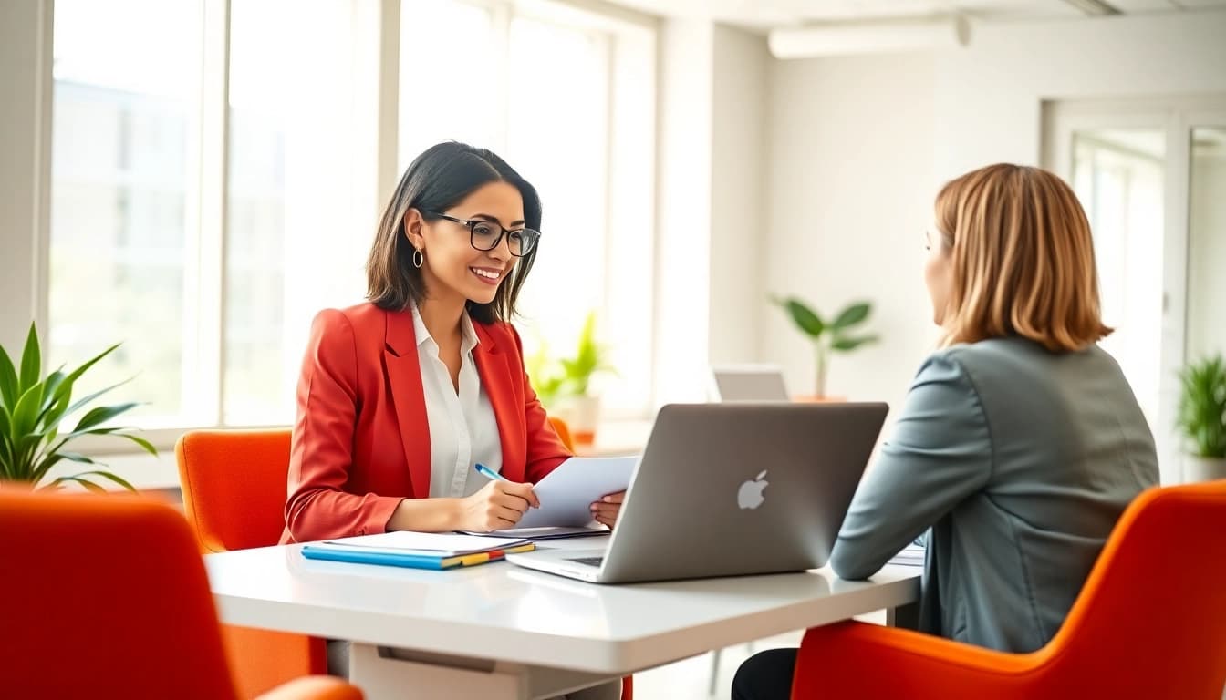 Engaging career coaching for women session in a professional office setting, inspiring confidence and success.