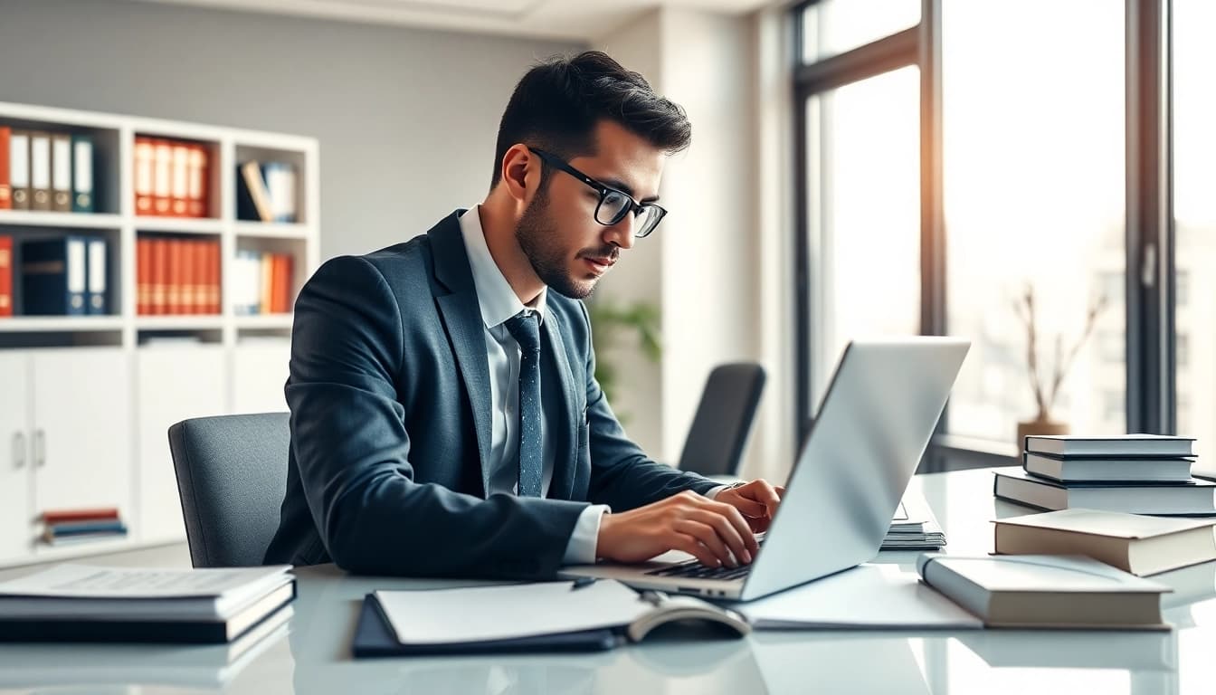 Showcase professional legal services with a modern lawyer at https://www.websites.law in a contemporary office setting.