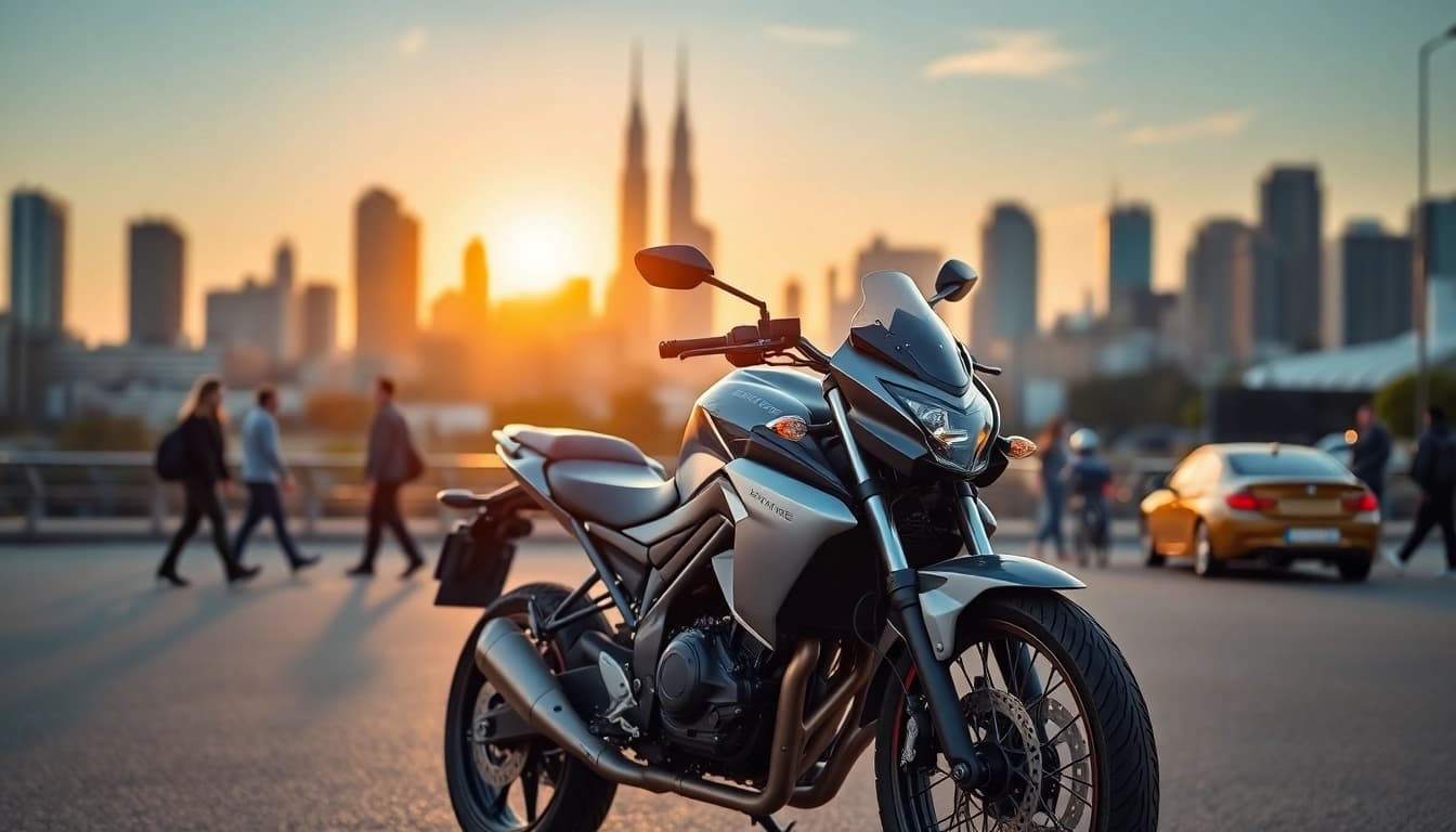 Motorrad leasing mit einem modernen Motorrad in der Stadt, das Freiheit und Mobilität symbolisiert.