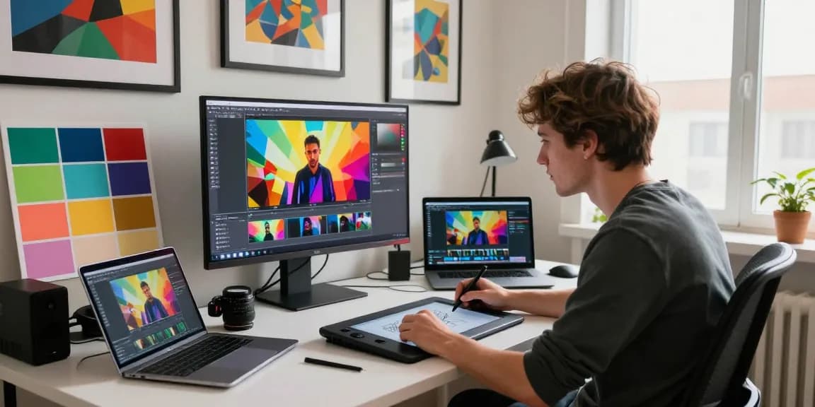 Turn a photo into a video with a digital artist creating vibrant animations in a modern studio.