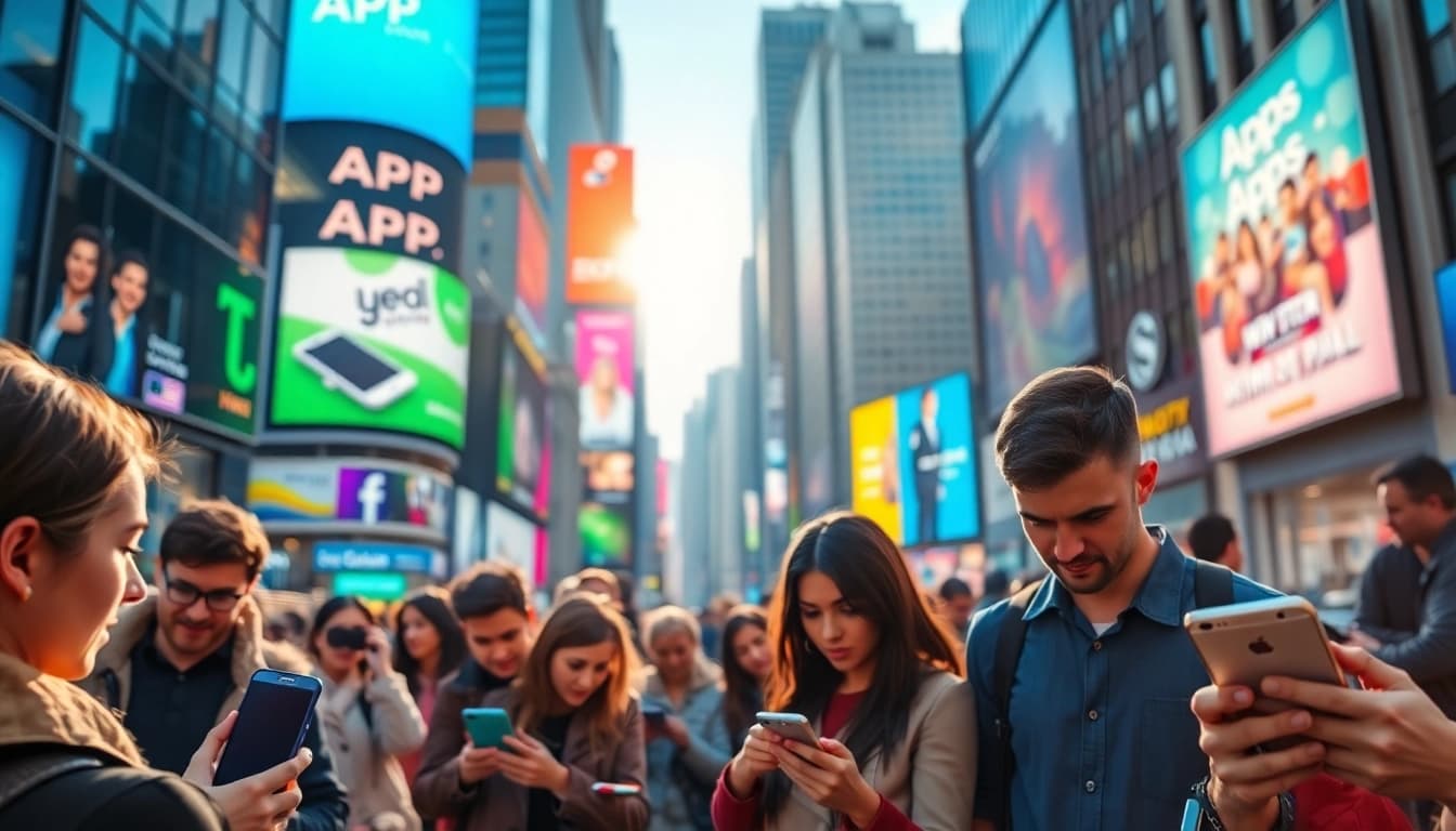 People using mobile apps in a vibrant urban environment with engaging backgrounds.