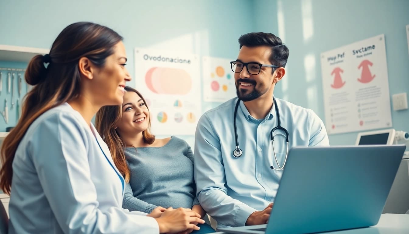 Discussing ovodonazione with a doctor in a bright clinic setting.