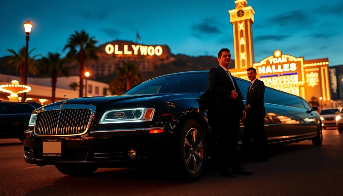 Los Angeles Limo service showcasing a luxurious vehicle outside a Hollywood landmark.