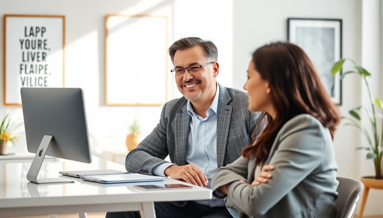 Career consultant providing personalized guidance in a bright office setting.